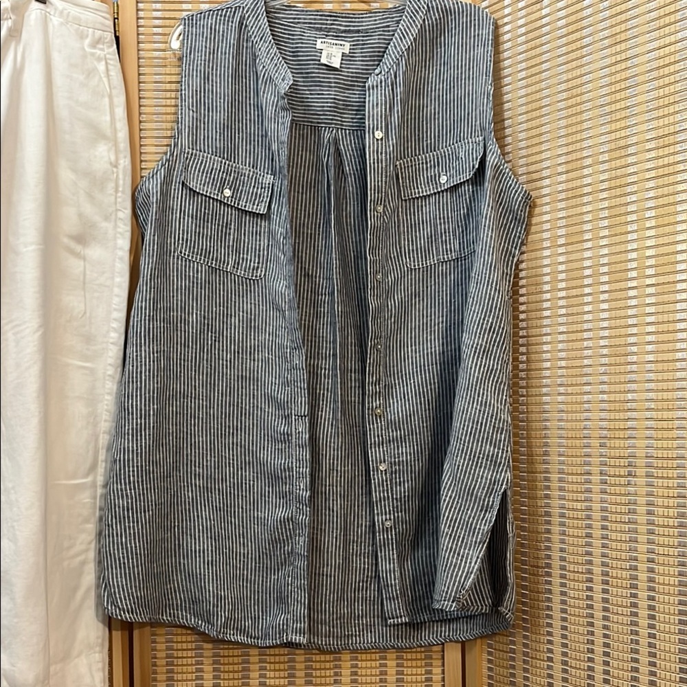 Artisan Ny Blue Striped Linen Sleeveless Linen Top X